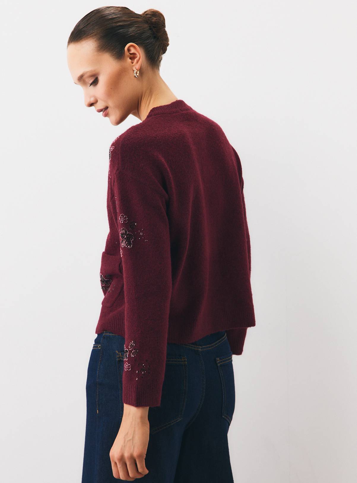 Berry Red Floral Beaded Sequin Pocket Cardigan XS - Image 4